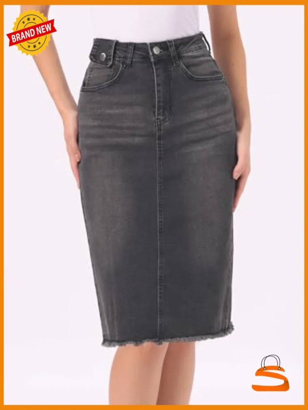 High Waist Denim Midi Skirt Back Slit Raw Hem Stretch Casual